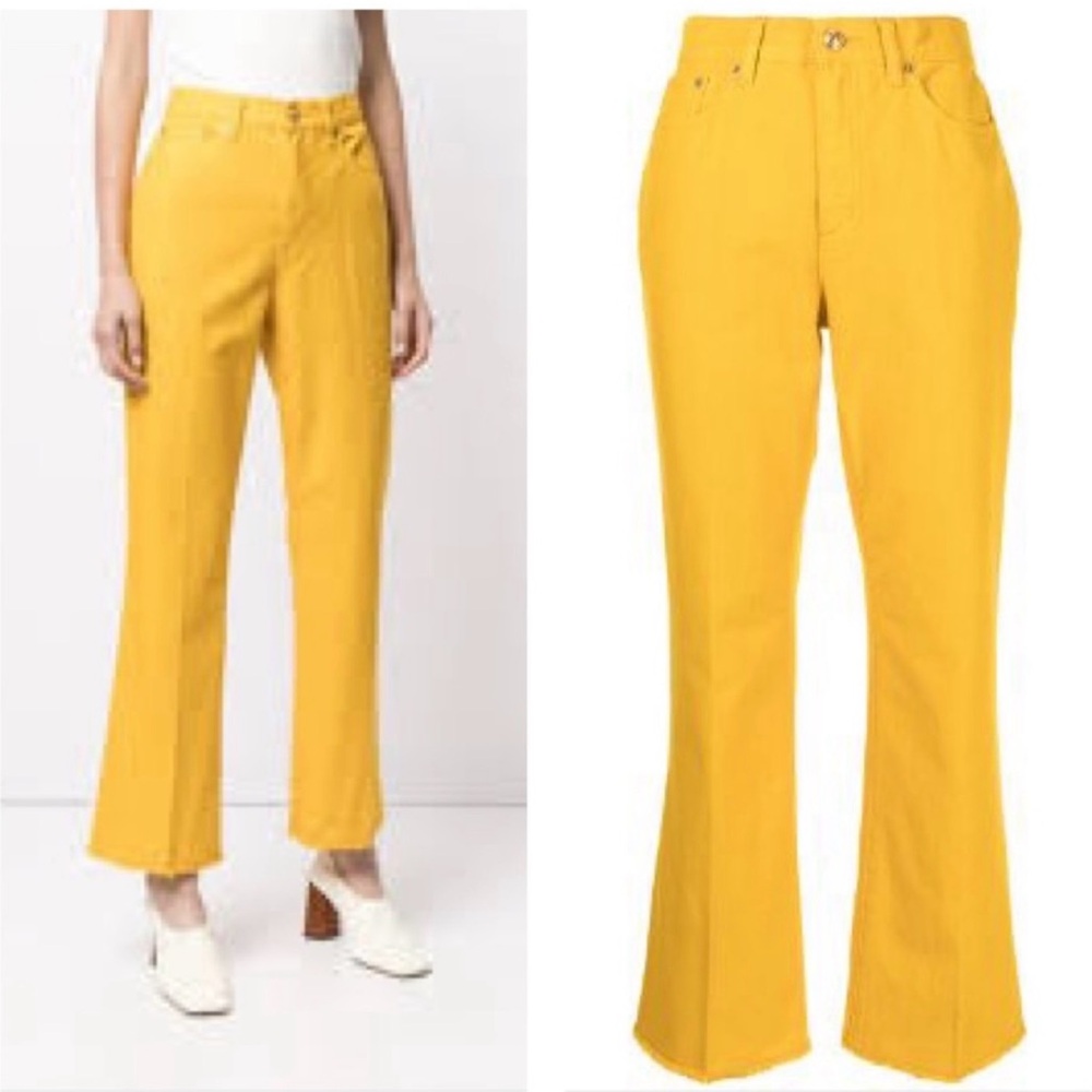 Tory Burch Boot Cut Denim Pants Raw Hem Gold Crest Sz28 NWT